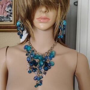 Blue and Silver Statement Necklace and Earring Set